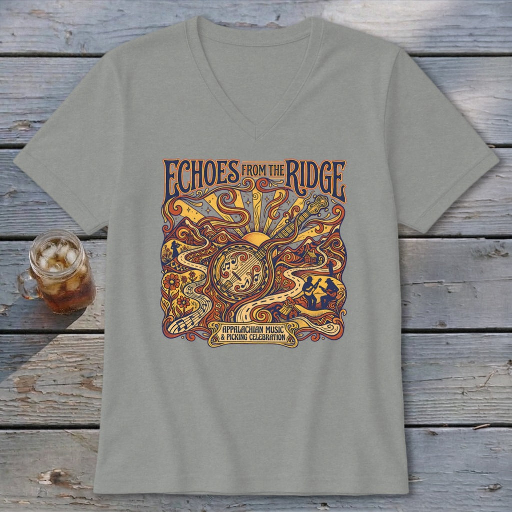 Grey t-shirt with "Echoes from the Ridge" and Appalachian music graphic.
