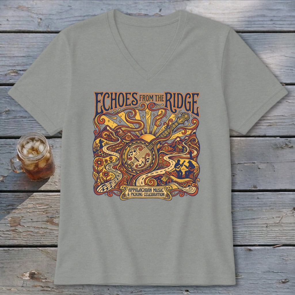 Grey t-shirt with "Echoes from the Ridge" and Appalachian music graphic.