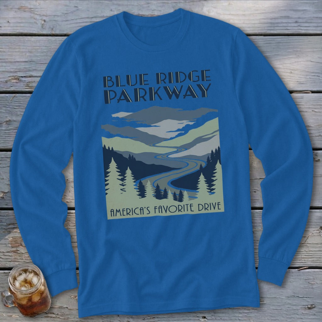 Blue long-sleeved t-shirt with a graphic of mountains, trees, and the text Blue Ridge Parkway.