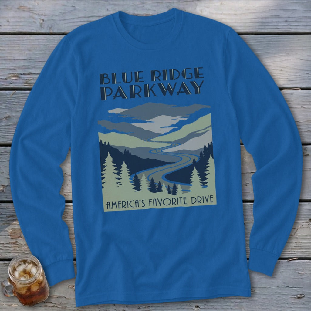 Blue long-sleeved t-shirt with a graphic of mountains, trees, and the text Blue Ridge Parkway.