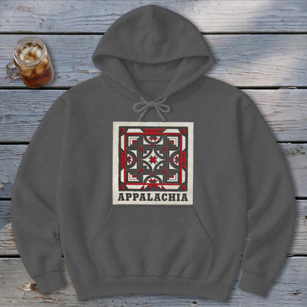 A dark gray hoodie featuring a geometric quilt pattern and the text Appalachia on the chest.