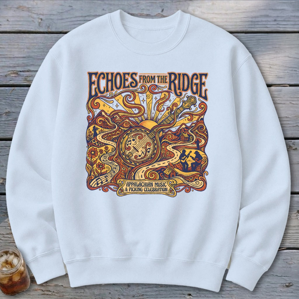 White sweatshirt with "Echoes From The Ridge" Appalachian music graphic.