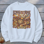 White sweatshirt with "Echoes From The Ridge" Appalachian music graphic.