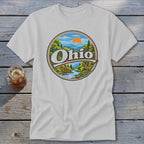 White t-shirt with circular graphic of Ohio landscape, river, deer, and mountains.