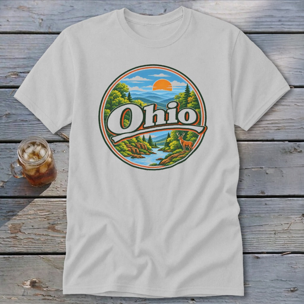 White t-shirt with circular graphic of Ohio landscape, river, deer, and mountains.