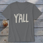 Gray v-neck t-shirt with "Y'all" text and a drink on a wooden surface.
