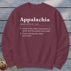 Maroon crewneck sweatshirt featuring a dictionary-style definition of Appalachia printed in white text on the chest.
