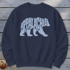 Dark blue crewneck sweatshirt featuring a light blue graphic of a walking bear filled with the word Appalachia.