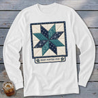 White long-sleeved shirt with an embroidered eight-pointed star quilt block design.