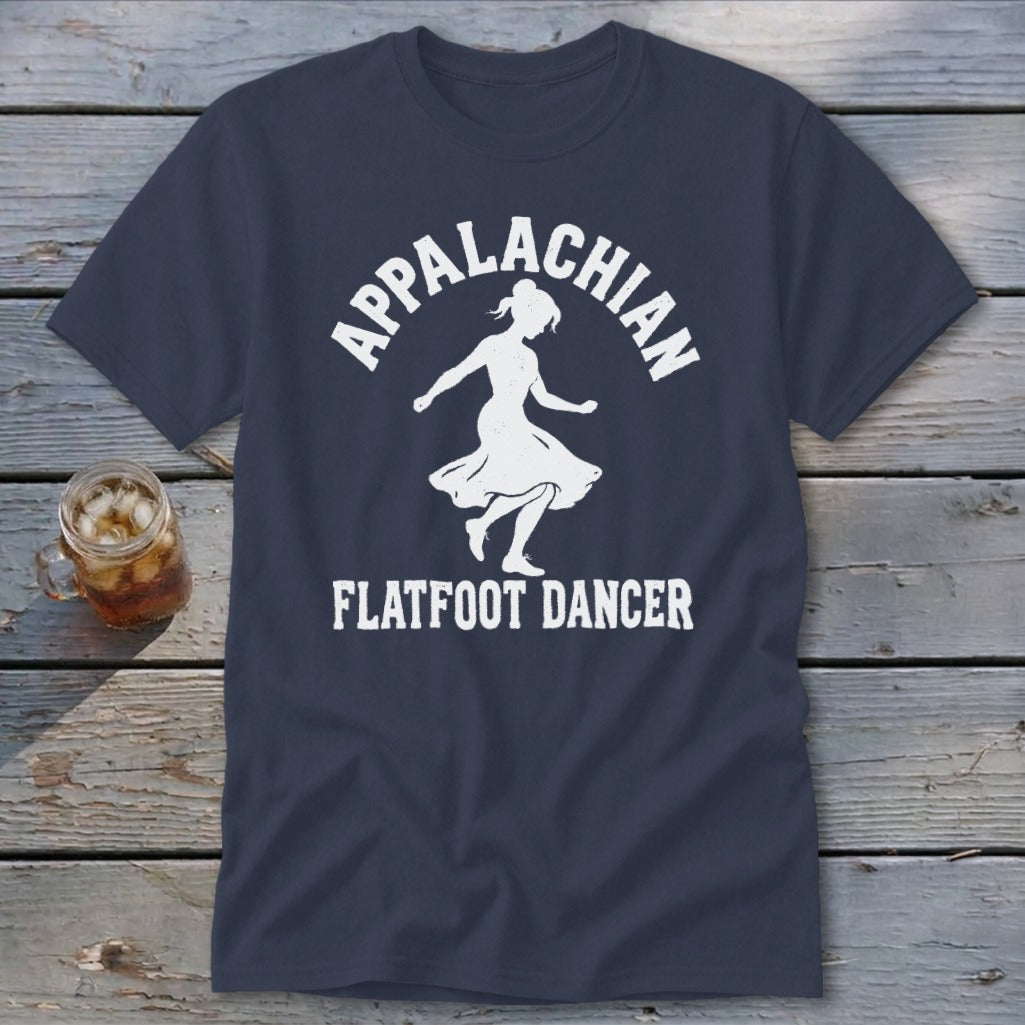 Dark blue short-sleeve t-shirt with white text reading "Appalachian Flatfoot Dancer" and a graphic of a dancing woman.