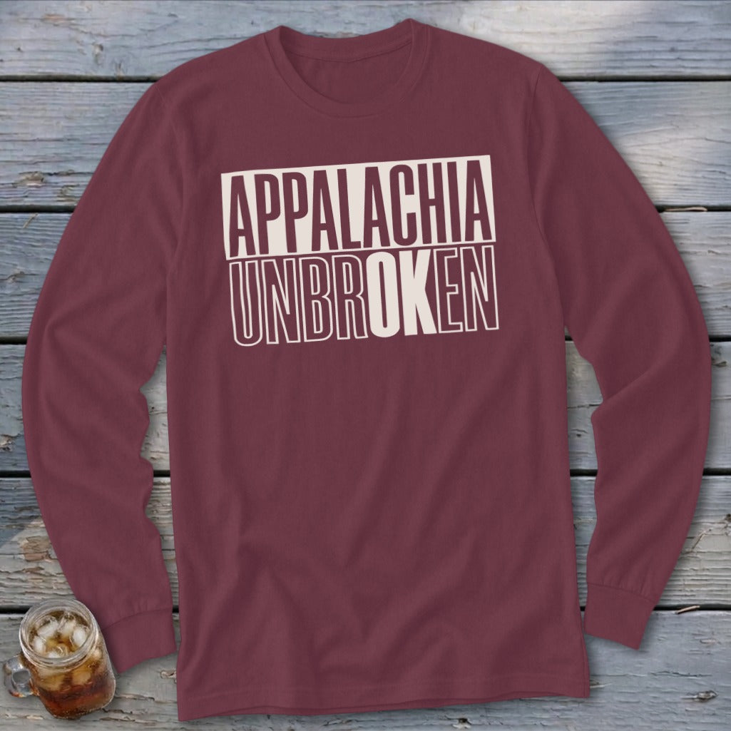 Maroon long sleeve shirt with white text "APPALACHIA UNBROKEN".