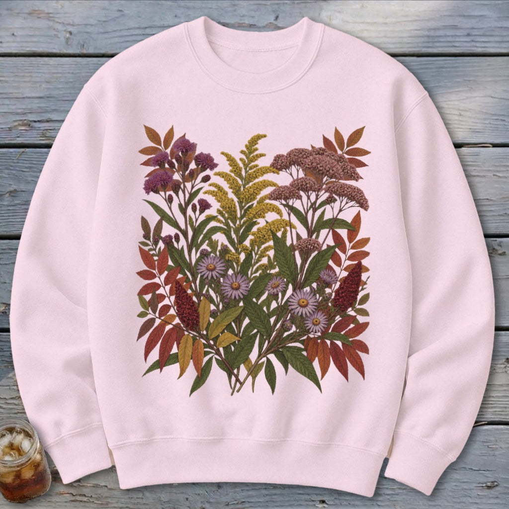 Pink crewneck sweatshirt with a detailed floral botanical illustration in muted autumn colors.
