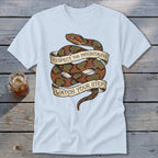 Light blue t-shirt with coiled snake and banners saying "RESPECT THE MOUNTAINS" and "WATCH YOUR STEP".