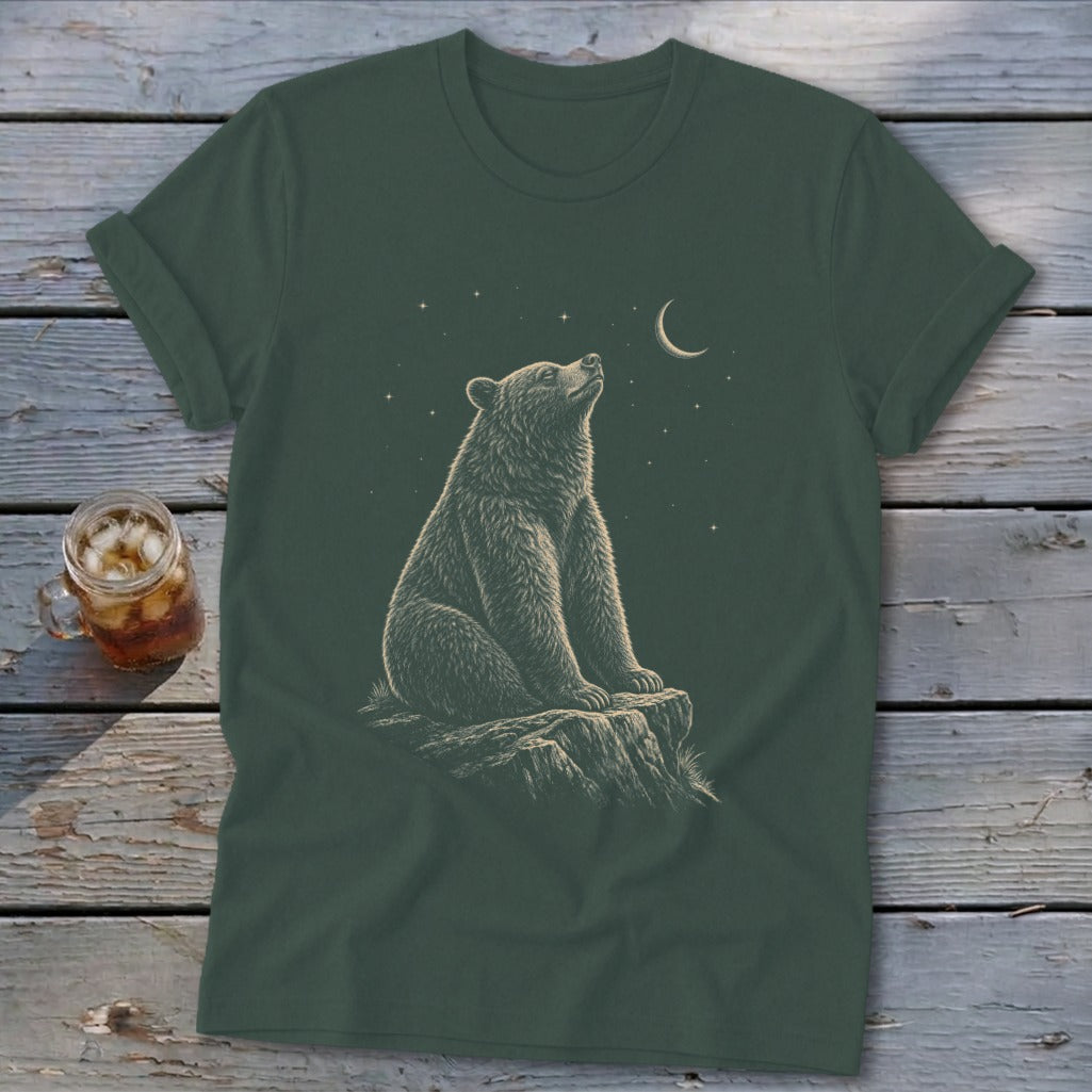 Bear sitting on rock looking up at crescent moon and stars.