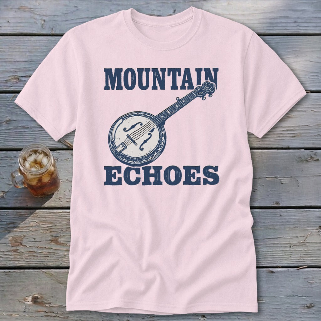 Light pink t-shirt featuring a blue distressed graphic of a banjo with the text MOUNTAIN ECHOES.