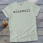 Light mint t-shirt with "mizewell" in black typewriter font.