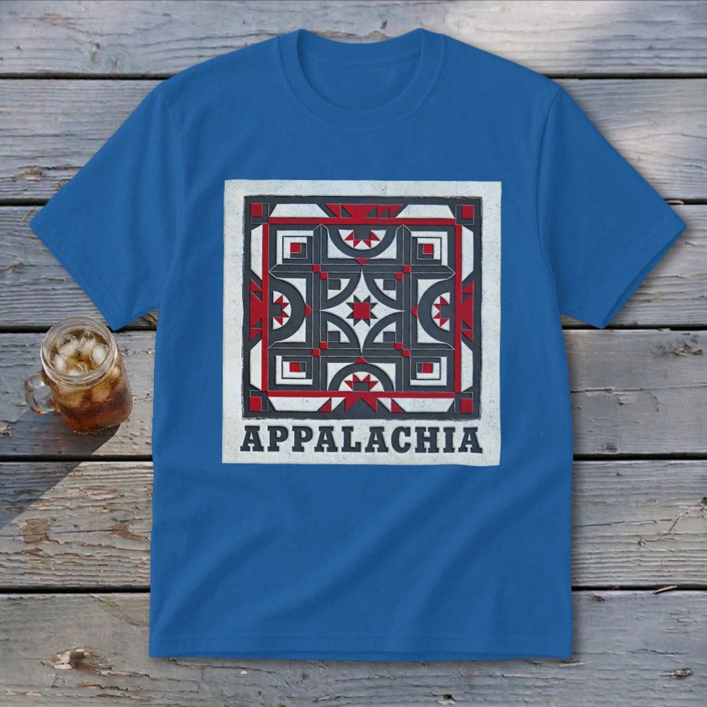 Royal blue short-sleeve t-shirt with a square red, white, and black geometric quilt block and the word Appalachia.