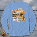 Blue long sleeve shirt with a "Small Town Fall Vibes" graphic featuring a sunflower and water tower.