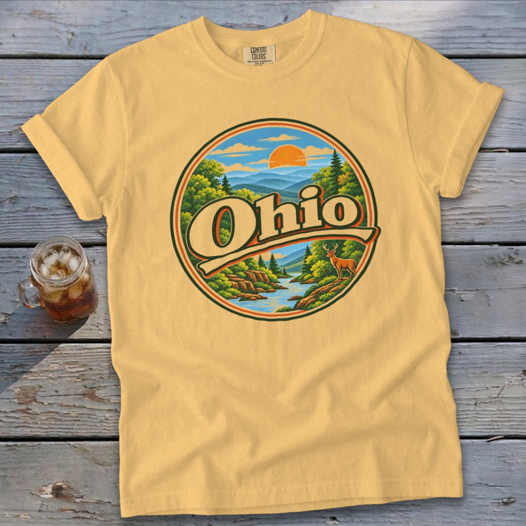 Yellow t-shirt with a circular graphic of a deer, river, and mountains with "Ohio" text.