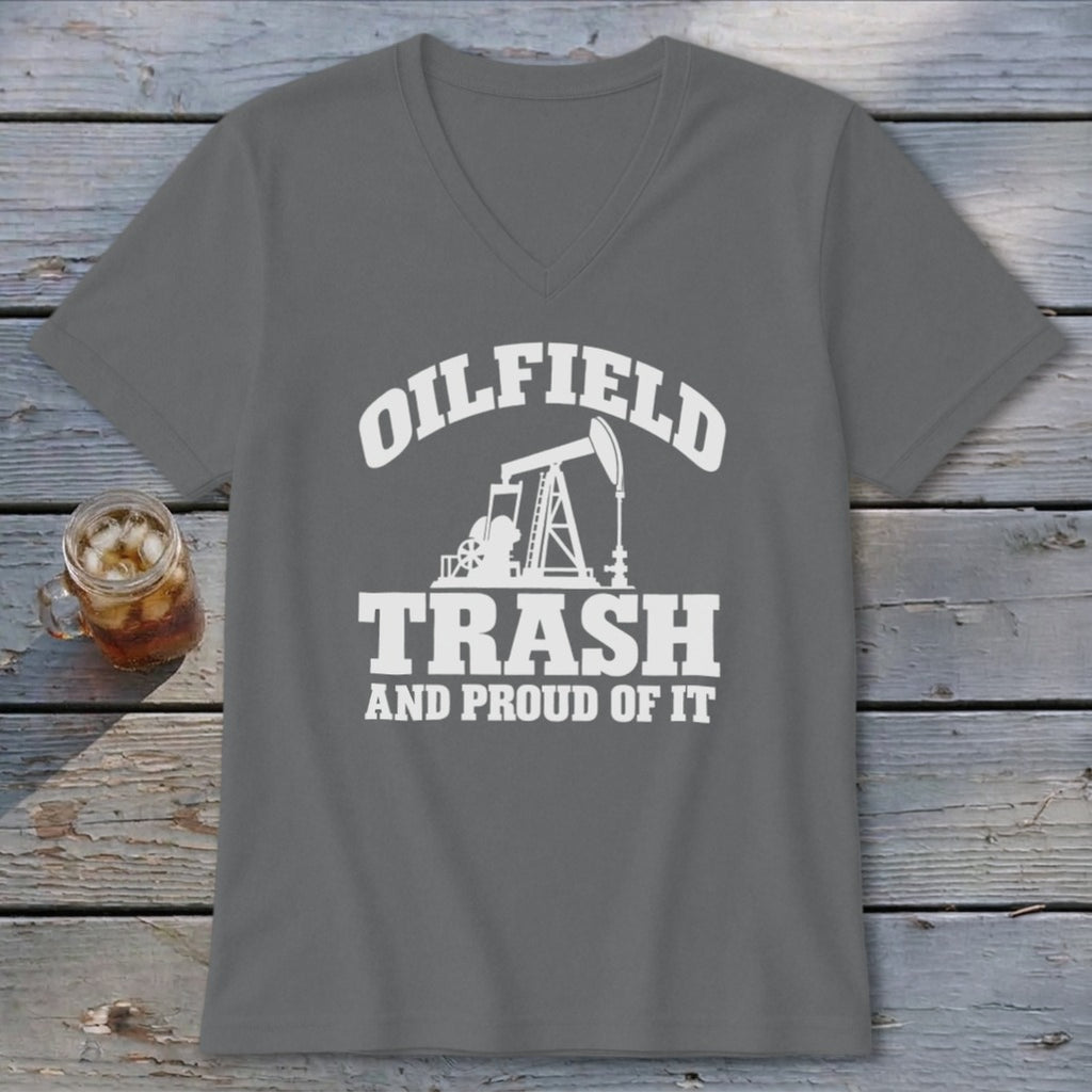 Gray t-shirt with "OILFIELD TRASH AND PROUD OF IT" and oil pump graphic.