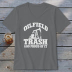 Gray t-shirt with "OILFIELD TRASH AND PROUD OF IT" and oil pump graphic.