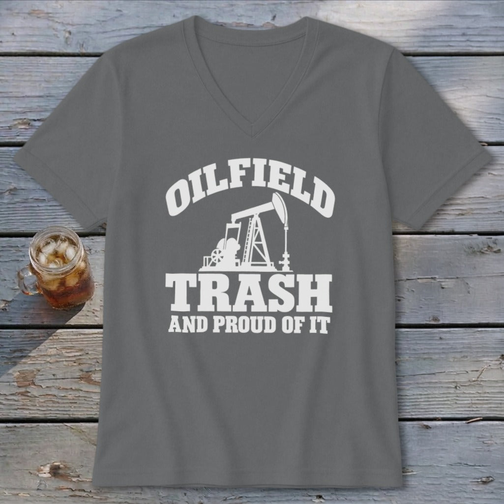 Gray t-shirt with "OILFIELD TRASH AND PROUD OF IT" and oil pump graphic.