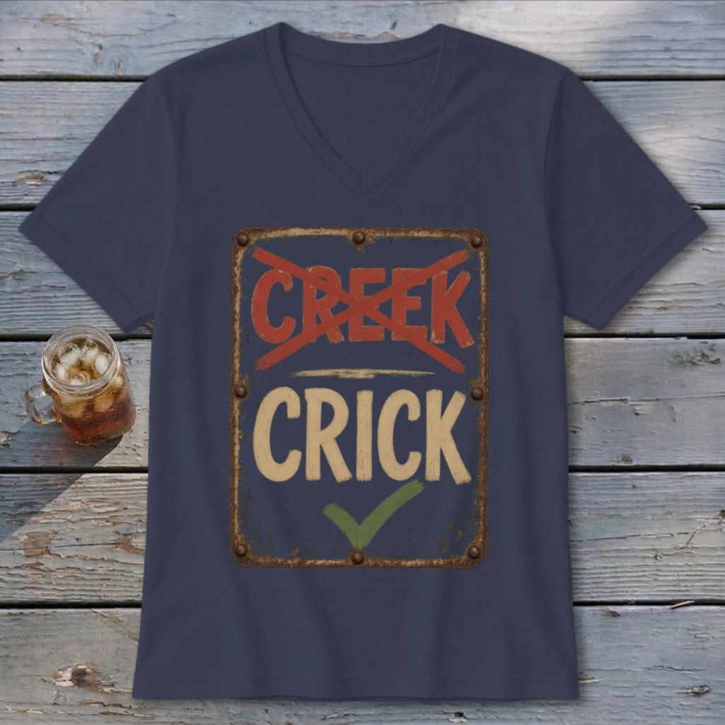 Navy v-neck t-shirt with a distressed sign graphic that reads "CREEK" with a red X, and "CRICK" with a green checkmark.