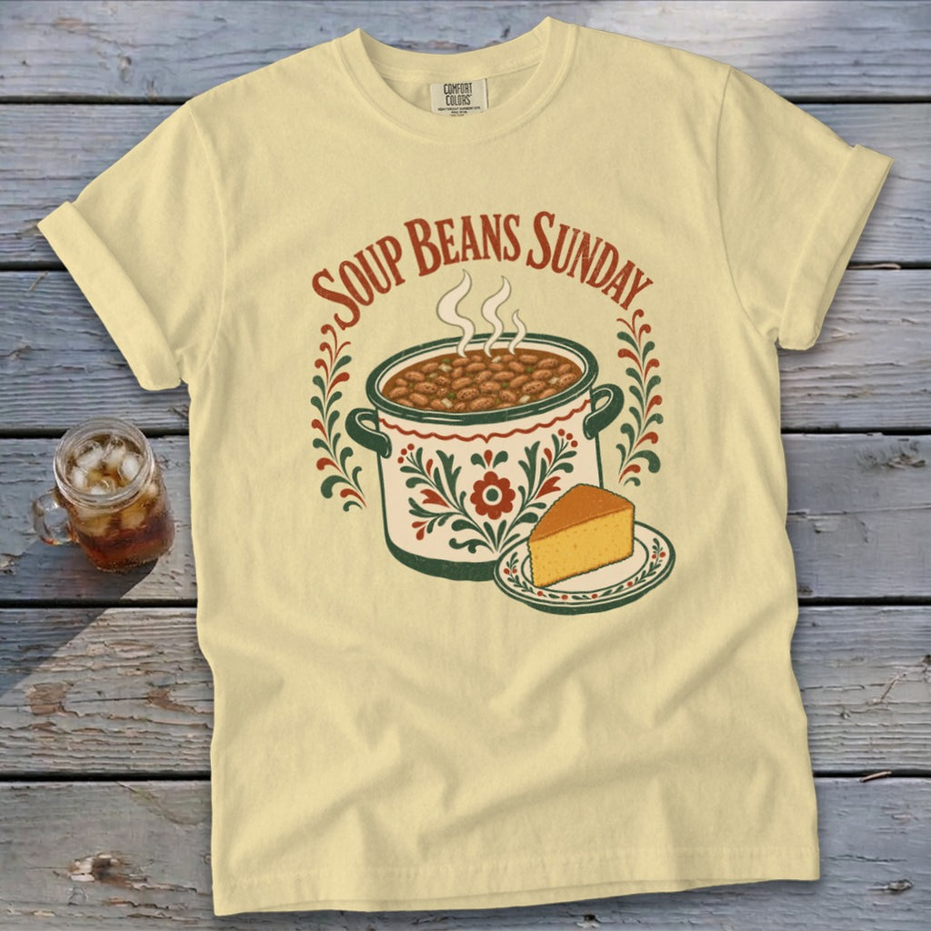 Yellow t-shirt with "Soup Beans Sunday" text, a pot of beans, and cornbread.