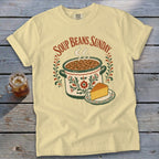 Yellow t-shirt with "Soup Beans Sunday" text, a pot of beans, and cornbread.
