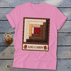 Pink t-shirt with a Log Cabin quilt block design and text.