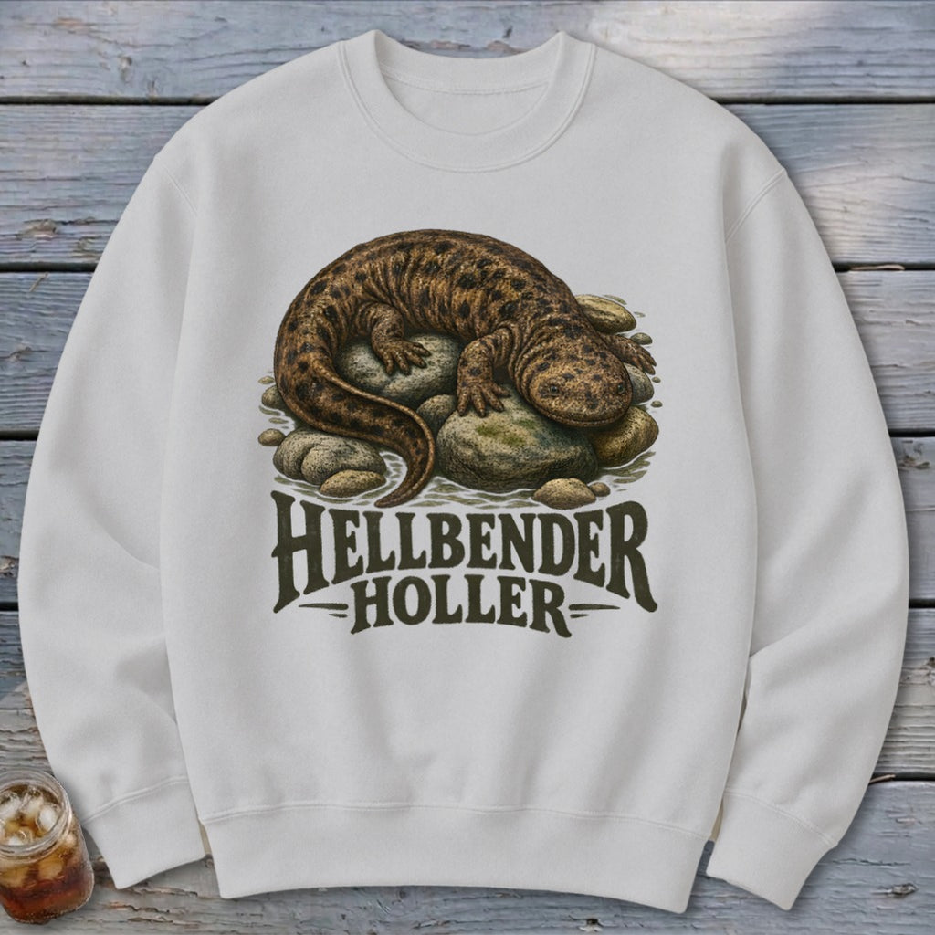 White sweatshirt with a Hellbender salamander illustration and text.
