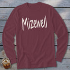 Maroon long-sleeve t-shirt with "Mizewell" in distressed white lettering.