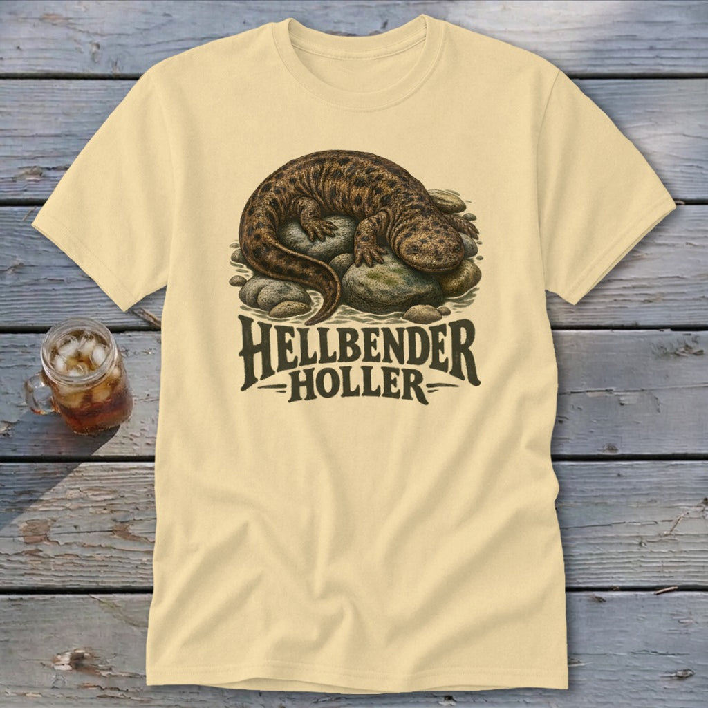 Cream t-shirt with Hellbender graphic and text "HELLBENDER HOLLER".