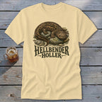 Cream t-shirt with Hellbender graphic and text "HELLBENDER HOLLER".