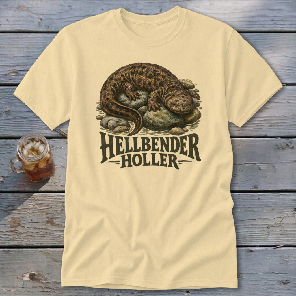 Cream t-shirt with Hellbender graphic and text "HELLBENDER HOLLER".