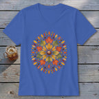 Blue v-neck t-shirt with an autumn leaf mandala design and a glass of iced tea.