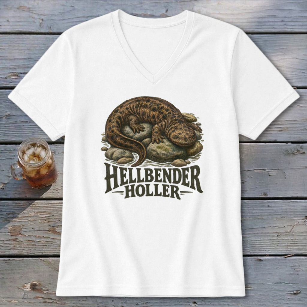 White t-shirt with a hellbender salamander graphic and "Hellbender Holler" text.