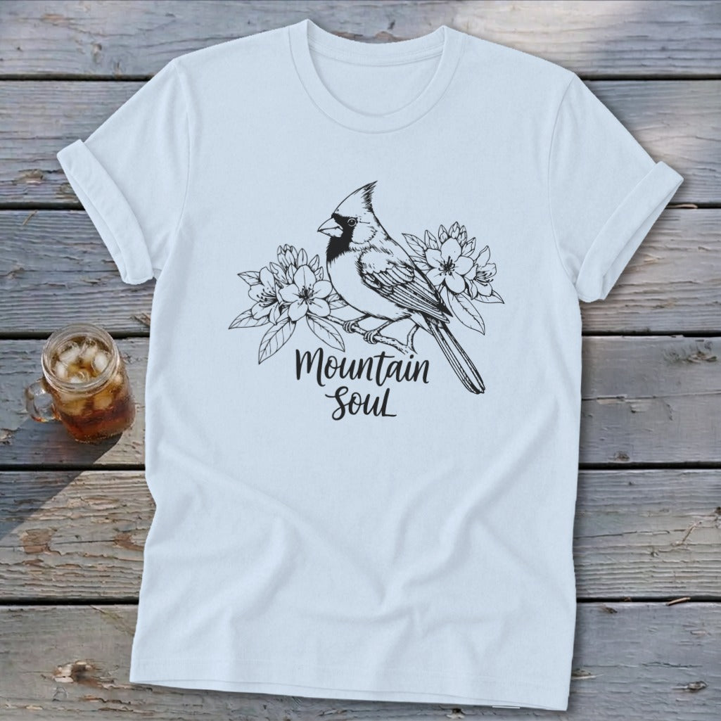 T-shirt with cardinal illustration and text "Mountain Soul"