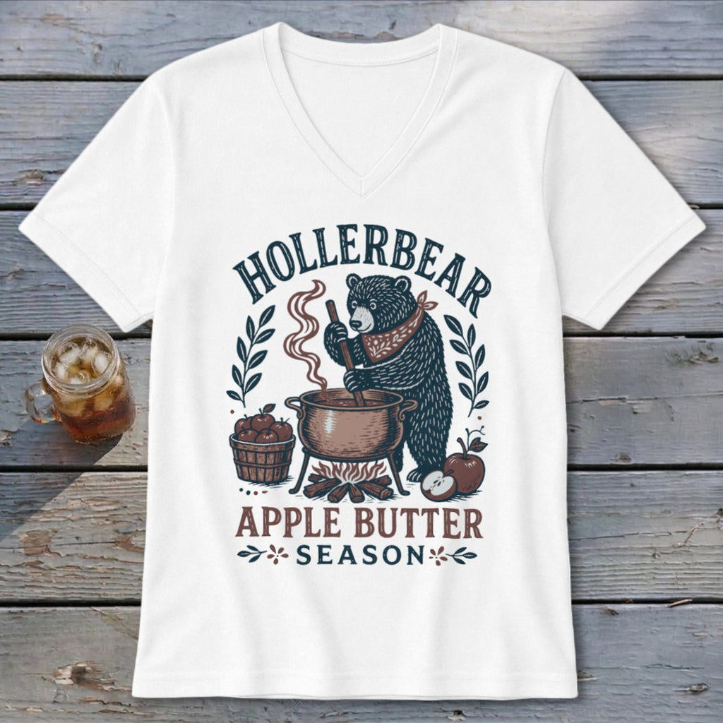 Bear making apple butter with "Hollerbear Apple Butter Season" text.