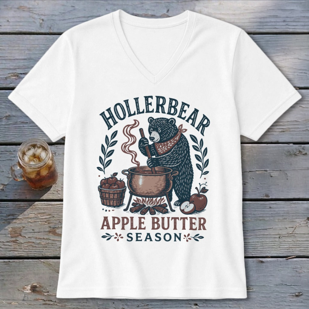 Bear making apple butter with "Hollerbear Apple Butter Season" text.
