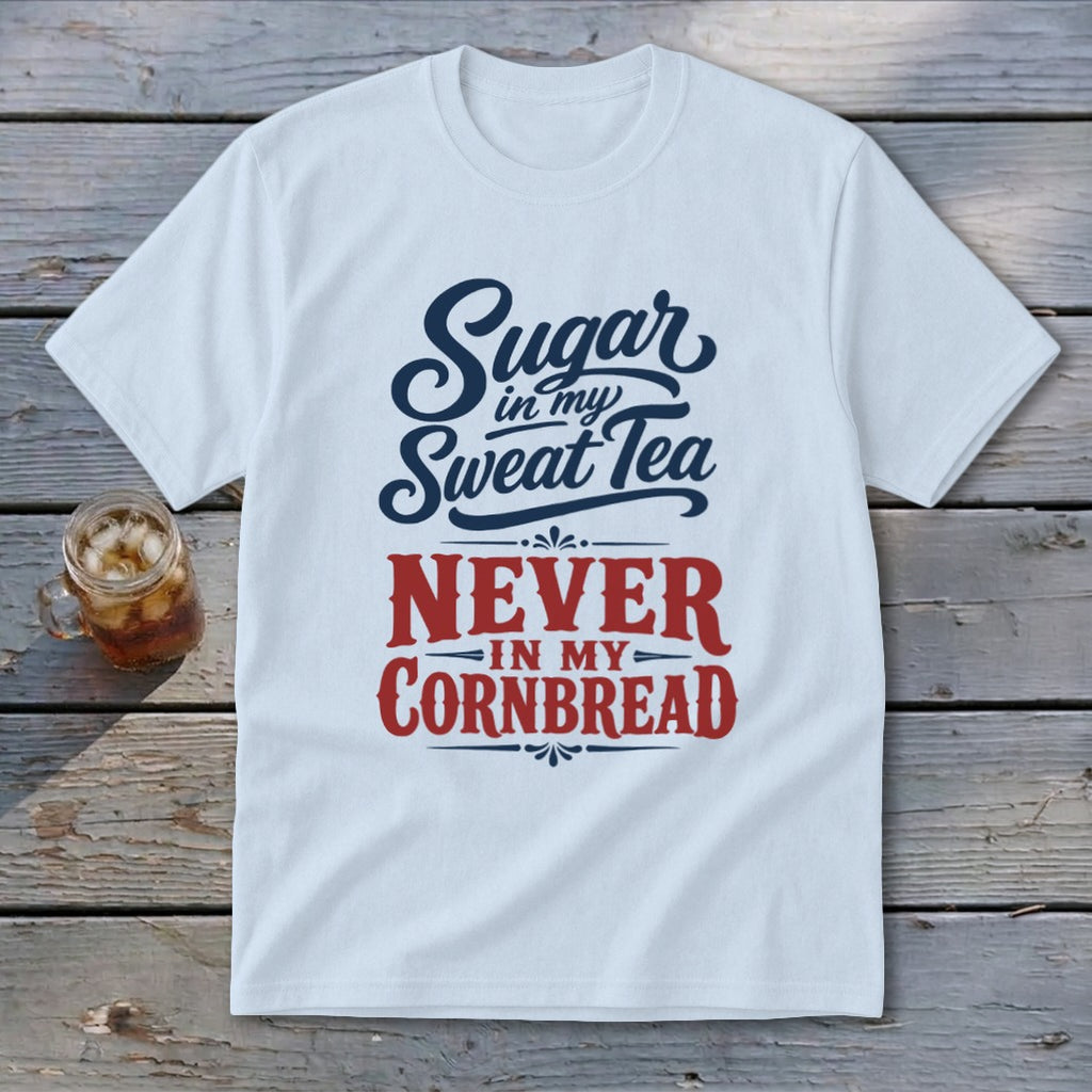 A white t-shirt with red and blue text reading Sugar in my Sweet Tea NEVER IN MY CORNBREAD on a wooden background.