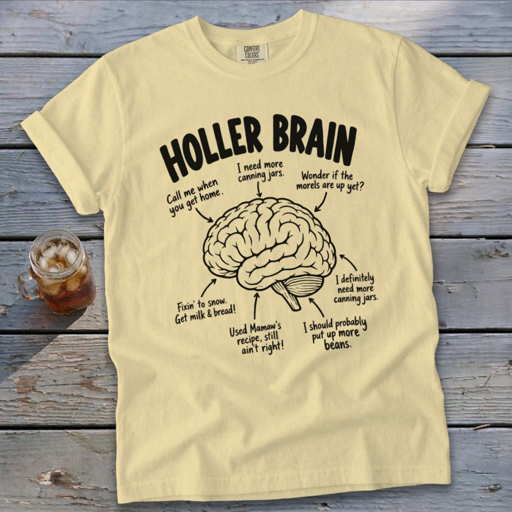Yellow t-shirt with black text and brain graphic: "HOLLER BRAIN" and associated humorous captions.