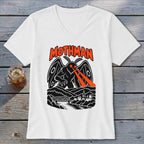 White t-shirt with Mothman graphic, red eyes, and town scene.