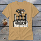 Tan t-shirt featuring a black graphic of a porch, a Wi-Fi signal, and humorous text reading HOLLER WIFI? One bar, if you stand on the porch.