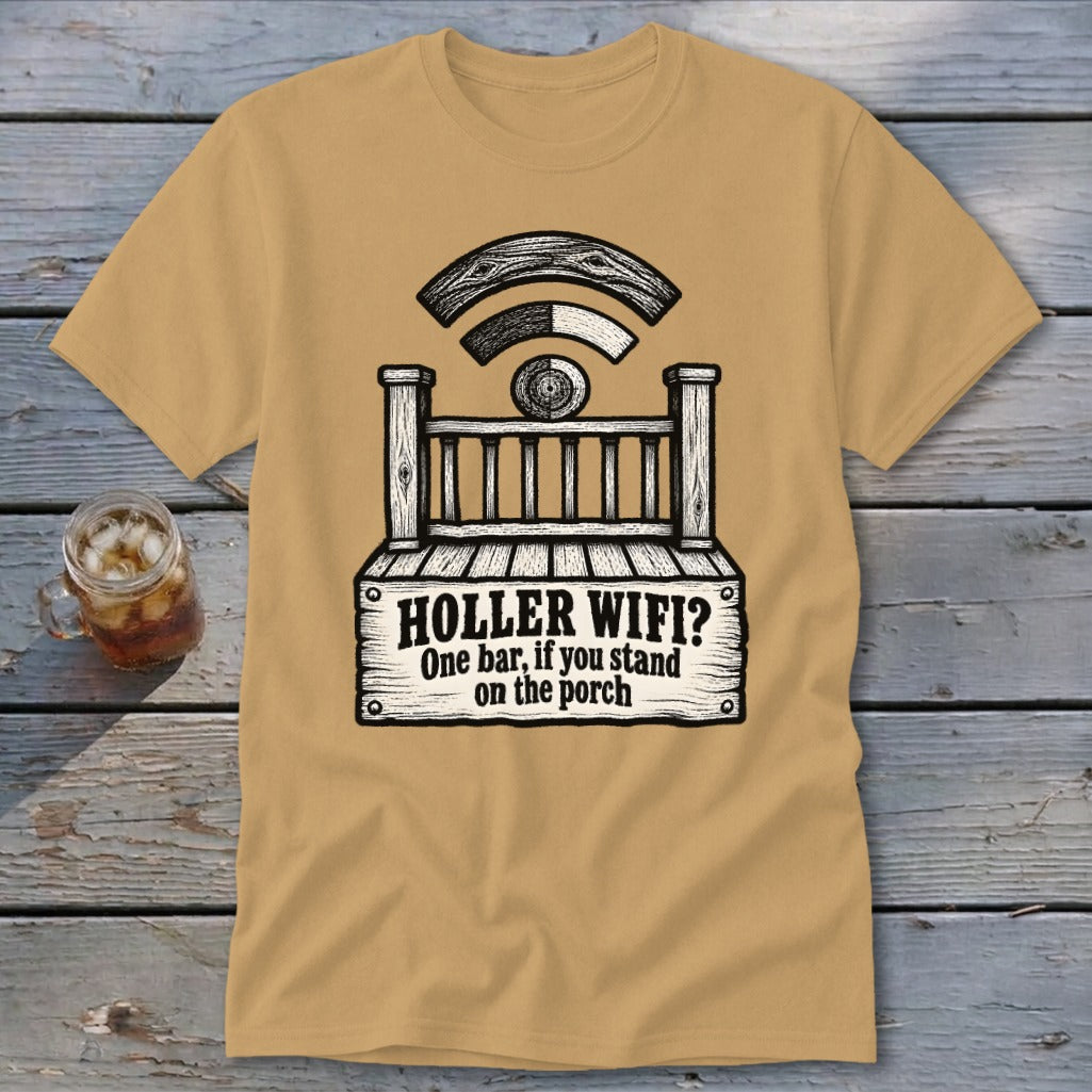 Tan t-shirt featuring a black graphic of a porch, a Wi-Fi signal, and humorous text reading HOLLER WIFI? One bar, if you stand on the porch.