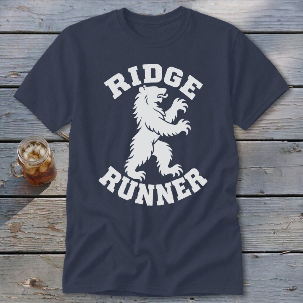 Navy t-shirt with white "Ridge Runner" text and bear graphic.