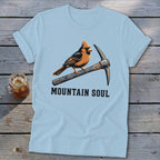 Light blue t-shirt with cardinal on pickaxe, "MOUNTAIN SOUL" text.