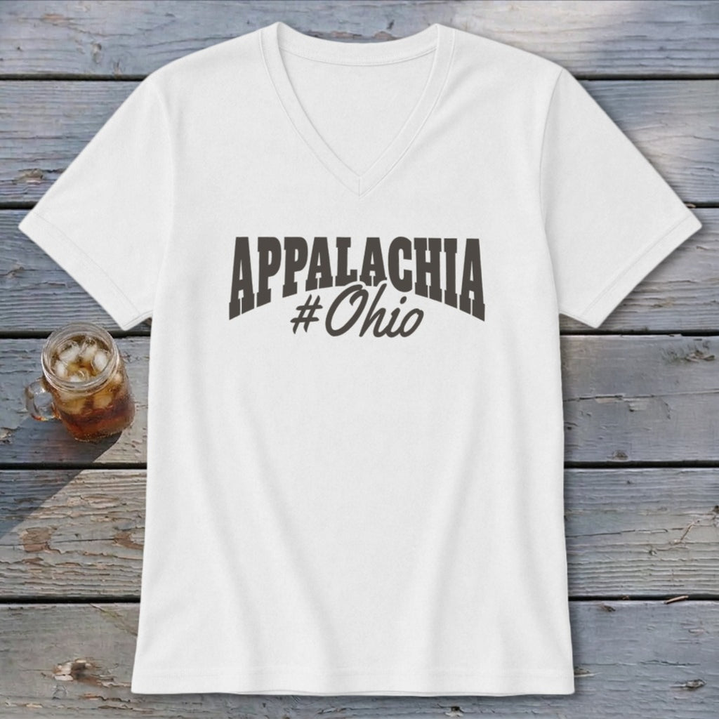 White v-neck t-shirt with "APPALACHIA #Ohio" text design.