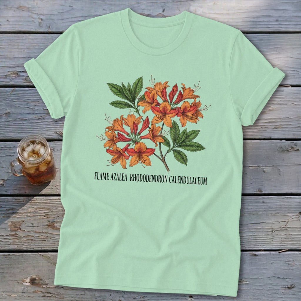 Light mint t-shirt with an illustration of orange flame azalea flowers and text.