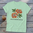 Light mint t-shirt with an illustration of orange flame azalea flowers and text.